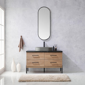 Open image in slideshow, Trento 48&quot; Single Vanity in North American Oak with Black Sintered Stone Top with Oval Concrete Sink
