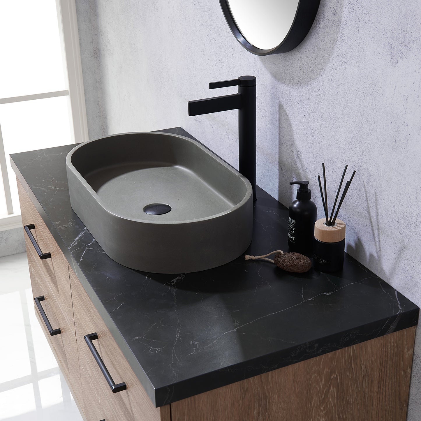 Trento 48" Single Vanity in North American Oak with Black Sintered Stone Top with Oval Concrete Sink