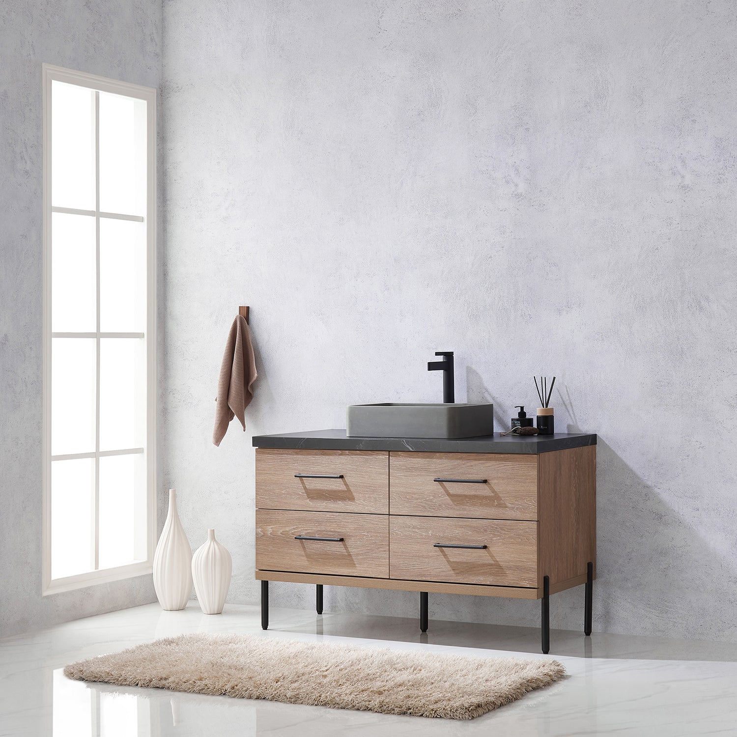 Trento 48" Single Vanity in North American Oak with Black Sintered Stone Top with Rectangular Concrete Sink