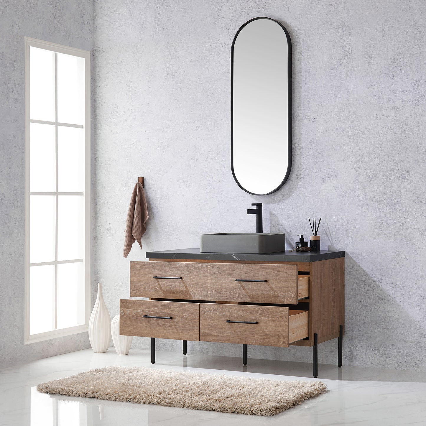 Trento 48" Single Vanity in North American Oak with Black Sintered Stone Top with Rectangular Concrete Sink