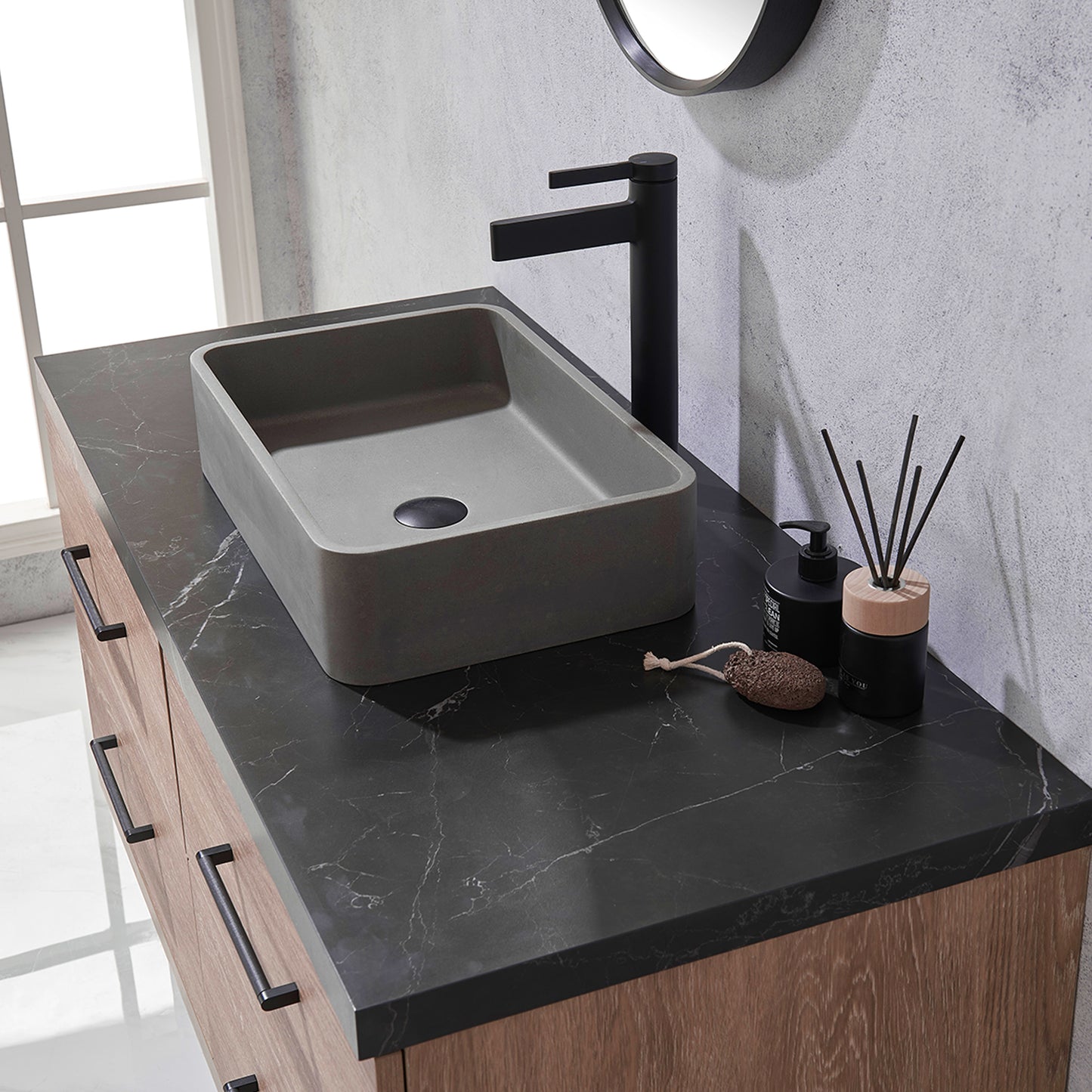 Trento 48" Single Vanity in North American Oak with Black Sintered Stone Top with Rectangular Concrete Sink