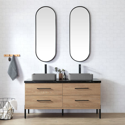 Trento 60A" Double Sink Bath Vanity in North American Oak with Black Sintered Stone Top and Rectangular Concrete Sink
