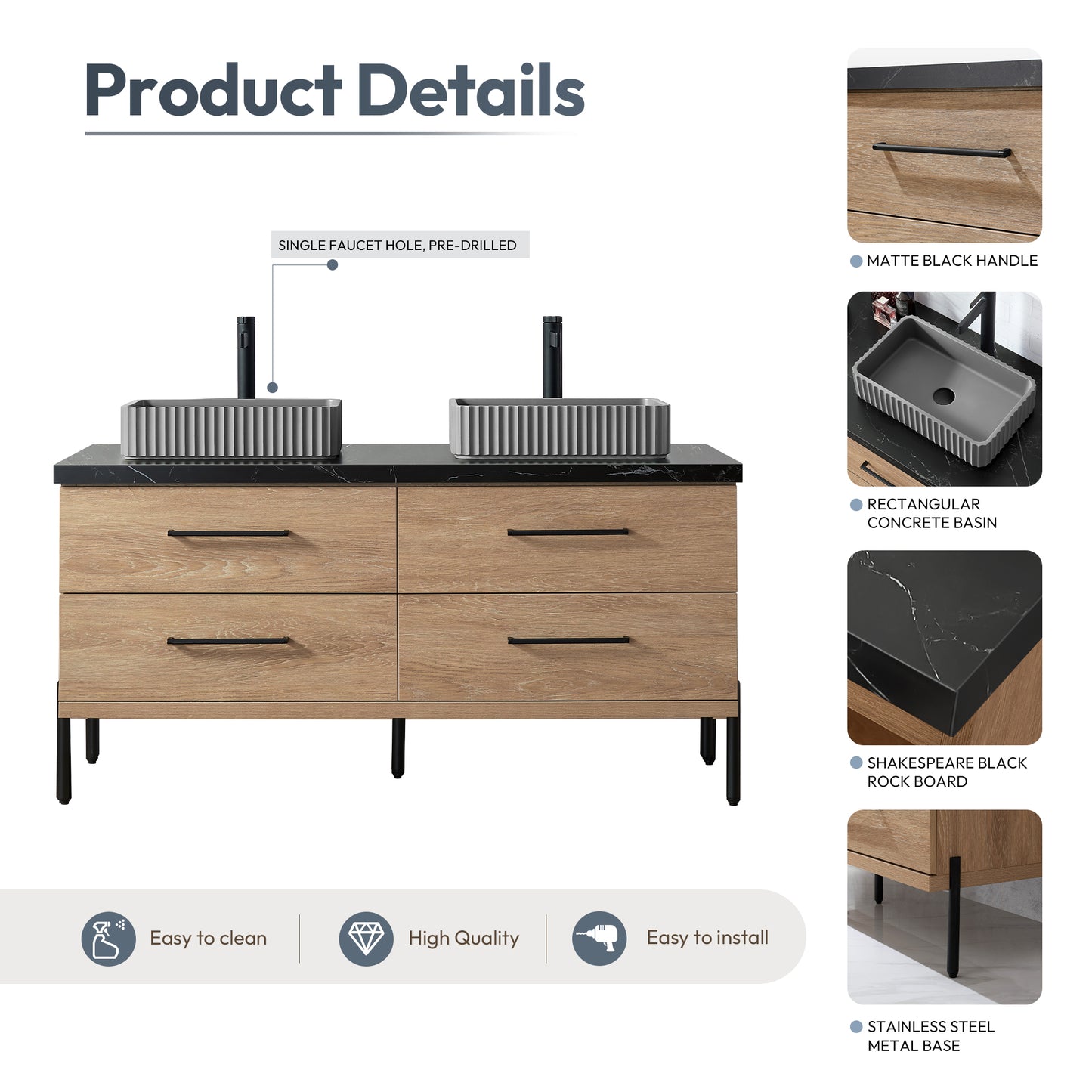 Trento 60A" Double Sink Bath Vanity in North American Oak with Black Sintered Stone Top and Rectangular Concrete Sink