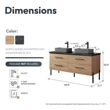 Trento 60A" Double Sink Bath Vanity in North American Oak with Black Sintered Stone Top and Rectangular Concrete Sink