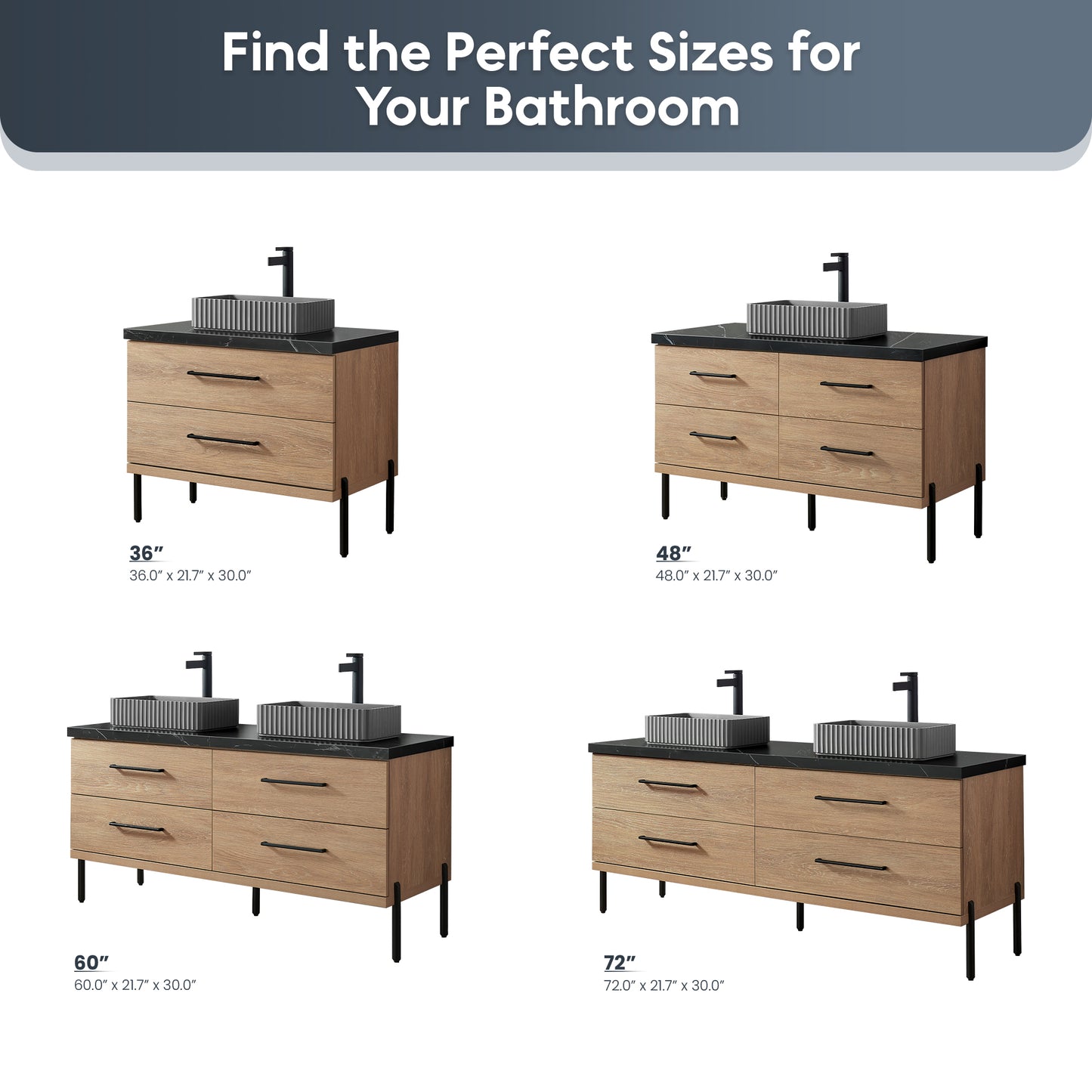 Trento 60A" Double Sink Bath Vanity in North American Oak with Black Sintered Stone Top and Rectangular Concrete Sink