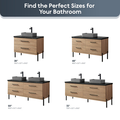 Trento 60A" Double Sink Bath Vanity in North American Oak with Black Sintered Stone Top and Rectangular Concrete Sink