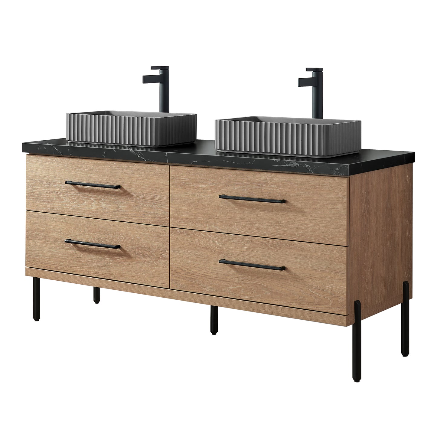 Trento 60A" Double Sink Bath Vanity in North American Oak with Black Sintered Stone Top and Rectangular Concrete Sink