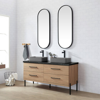 Trento 60A" Double Sink Bath Vanity in North American Oak with Black Sintered Stone Top and Rectangular Concrete Sink