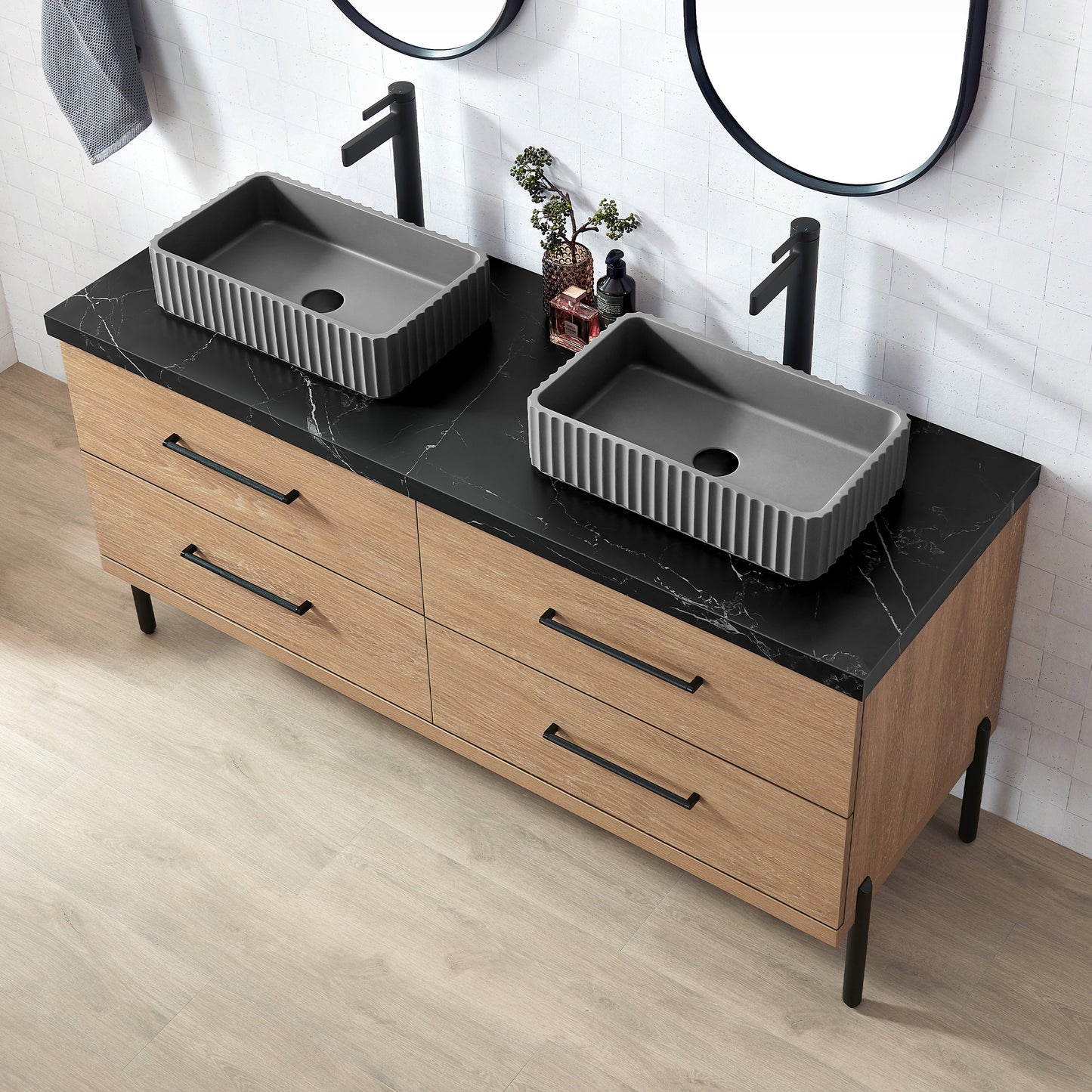 Trento 60A" Double Sink Bath Vanity in North American Oak with Black Sintered Stone Top and Rectangular Concrete Sink