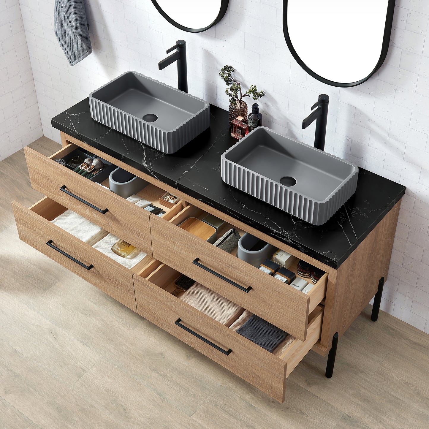 Trento 60A" Double Sink Bath Vanity in North American Oak with Black Sintered Stone Top and Rectangular Concrete Sink