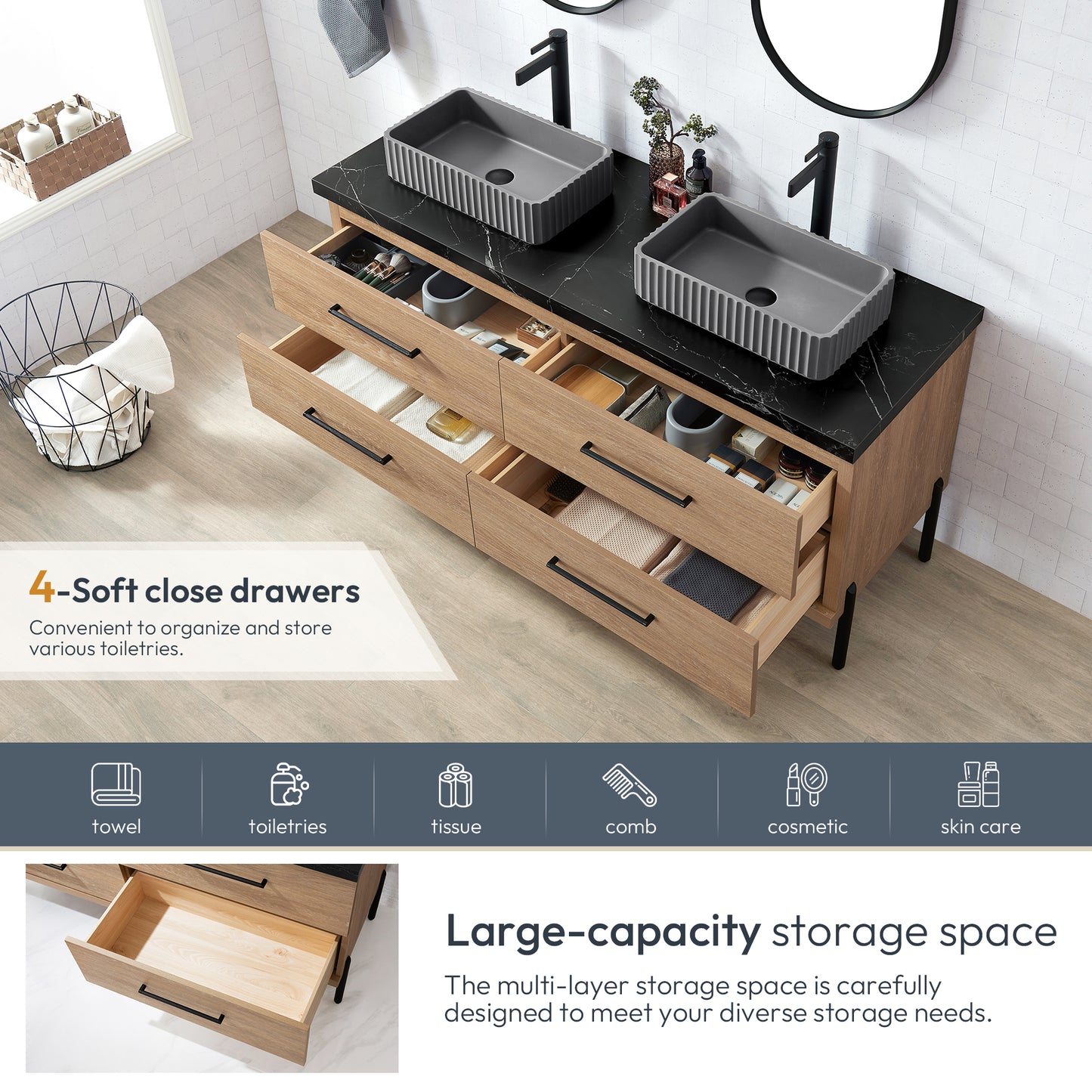 Trento 60A" Double Sink Bath Vanity in North American Oak with Black Sintered Stone Top and Rectangular Concrete Sink