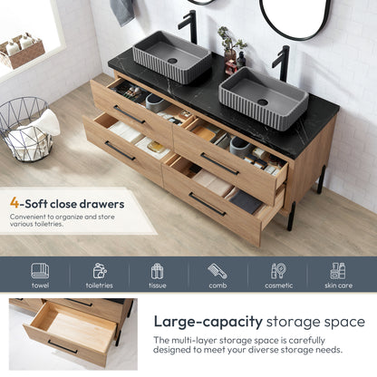 Trento 60A" Double Sink Bath Vanity in North American Oak with Black Sintered Stone Top and Rectangular Concrete Sink