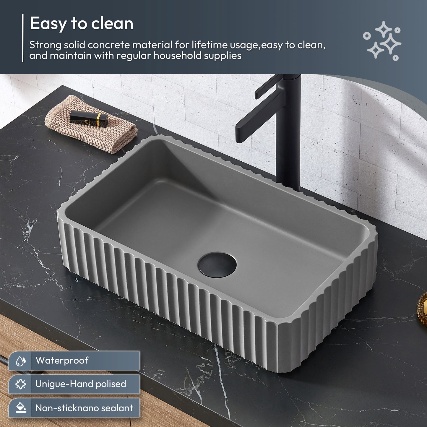 Trento 60A" Double Sink Bath Vanity in North American Oak with Black Sintered Stone Top and Rectangular Concrete Sink