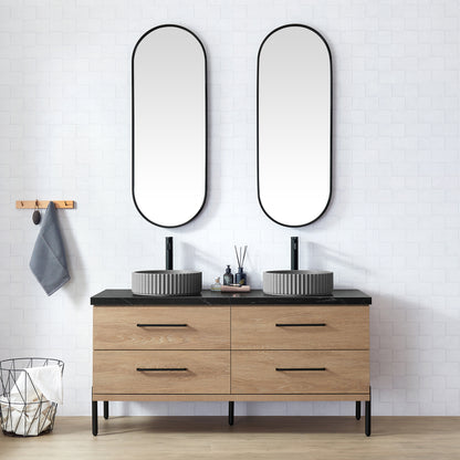 Trento 60B" Double Sink Bath Vanity in North American Oak with Black Sintered Stone Top and Circular Concrete Sink