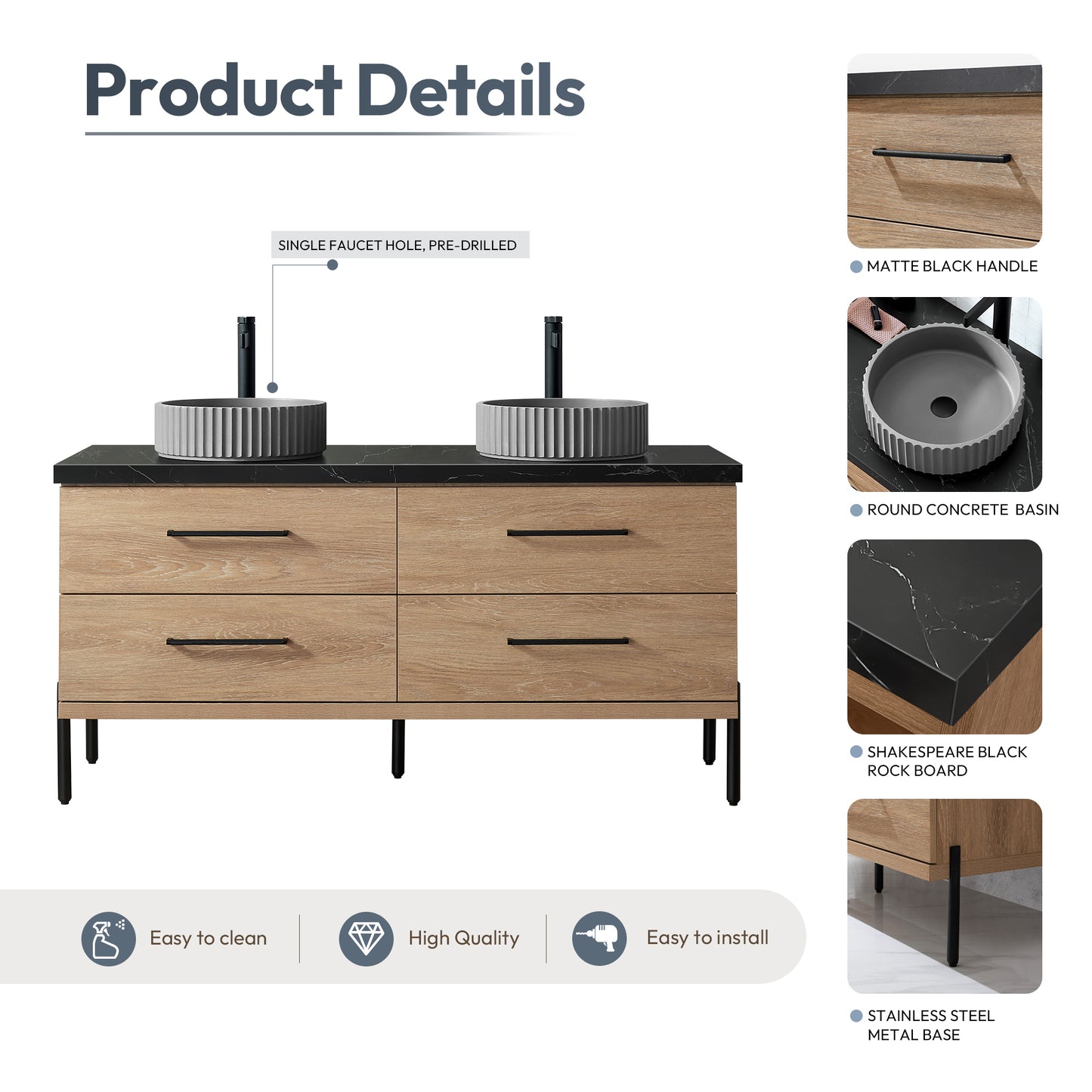 Trento 60B" Double Sink Bath Vanity in North American Oak with Black Sintered Stone Top and Circular Concrete Sink