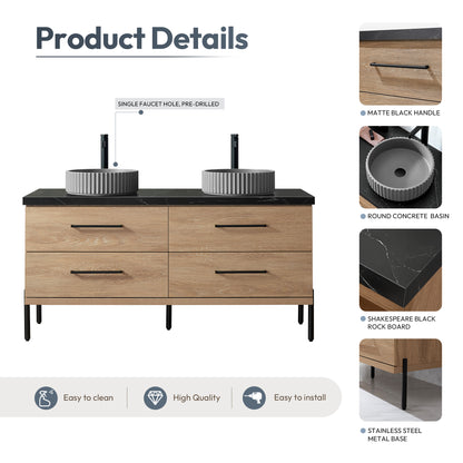 Trento 60B" Double Sink Bath Vanity in North American Oak with Black Sintered Stone Top and Circular Concrete Sink