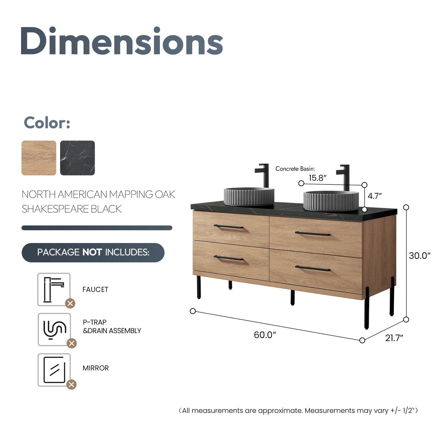Trento 60B" Double Sink Bath Vanity in North American Oak with Black Sintered Stone Top and Circular Concrete Sink