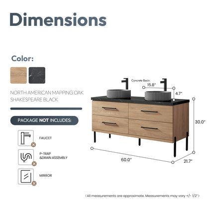 Trento 60B" Double Sink Bath Vanity in North American Oak with Black Sintered Stone Top and Circular Concrete Sink