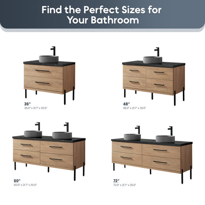 Trento 60B" Double Sink Bath Vanity in North American Oak with Black Sintered Stone Top and Circular Concrete Sink
