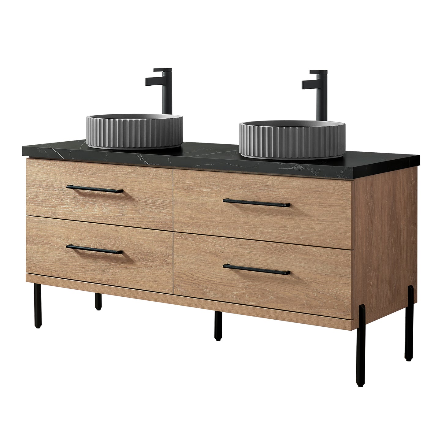 Trento 60B" Double Sink Bath Vanity in North American Oak with Black Sintered Stone Top and Circular Concrete Sink