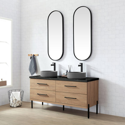 Trento 60B" Double Sink Bath Vanity in North American Oak with Black Sintered Stone Top and Circular Concrete Sink