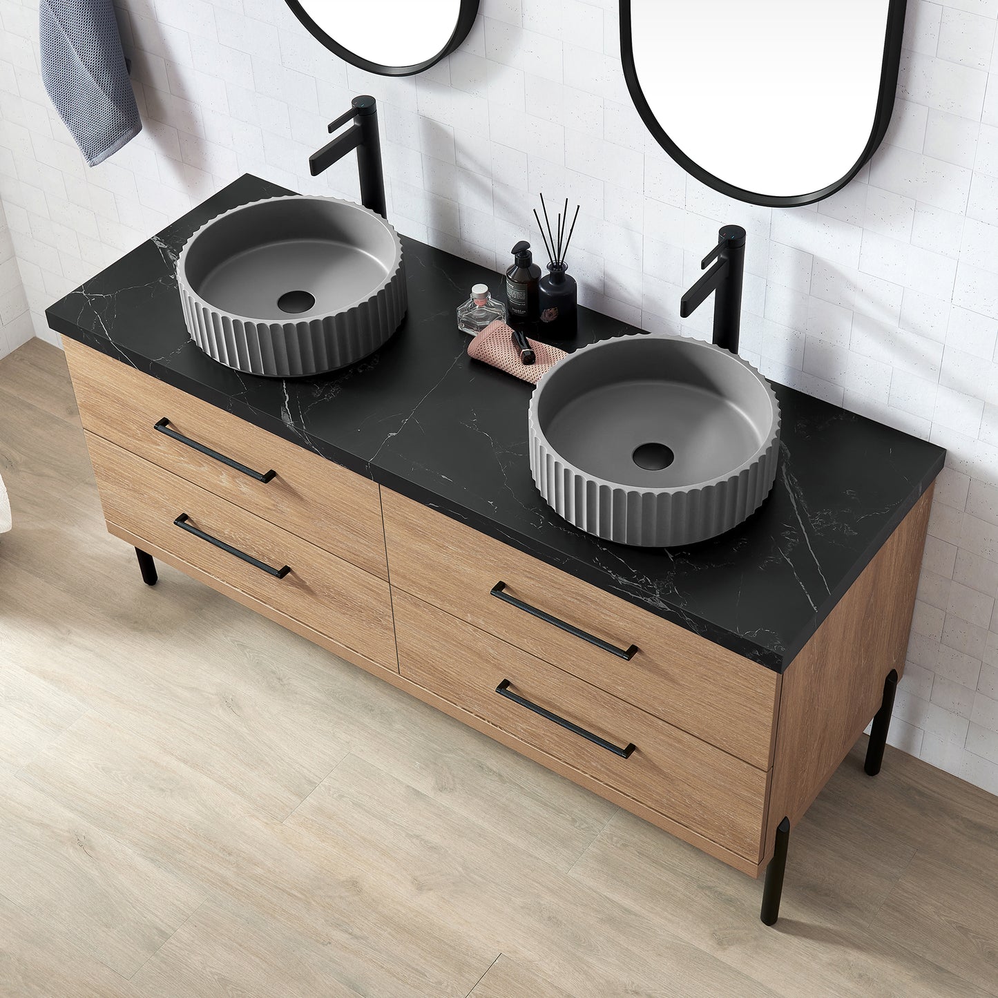 Trento 60B" Double Sink Bath Vanity in North American Oak with Black Sintered Stone Top and Circular Concrete Sink