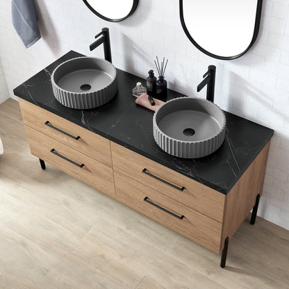 Trento 60B" Double Sink Bath Vanity in North American Oak with Black Sintered Stone Top and Circular Concrete Sink