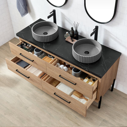 Trento 60B" Double Sink Bath Vanity in North American Oak with Black Sintered Stone Top and Circular Concrete Sink