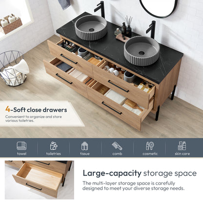 Trento 60B" Double Sink Bath Vanity in North American Oak with Black Sintered Stone Top and Circular Concrete Sink