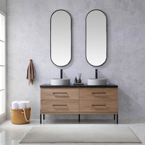 Open image in slideshow, Trento 60&quot; Double Vanity in North American Oak with Black Sintered Stone Top with Circular Concrete Sink
