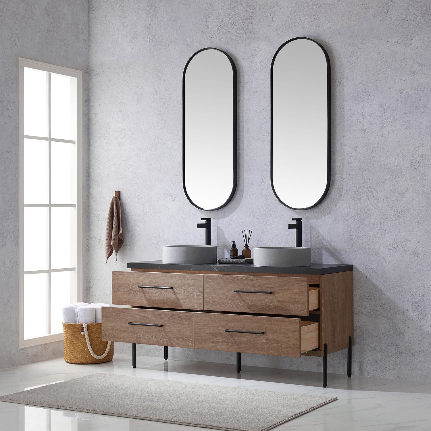 Trento 60" Double Vanity in North American Oak with Black Sintered Stone Top with Circular Concrete Sink