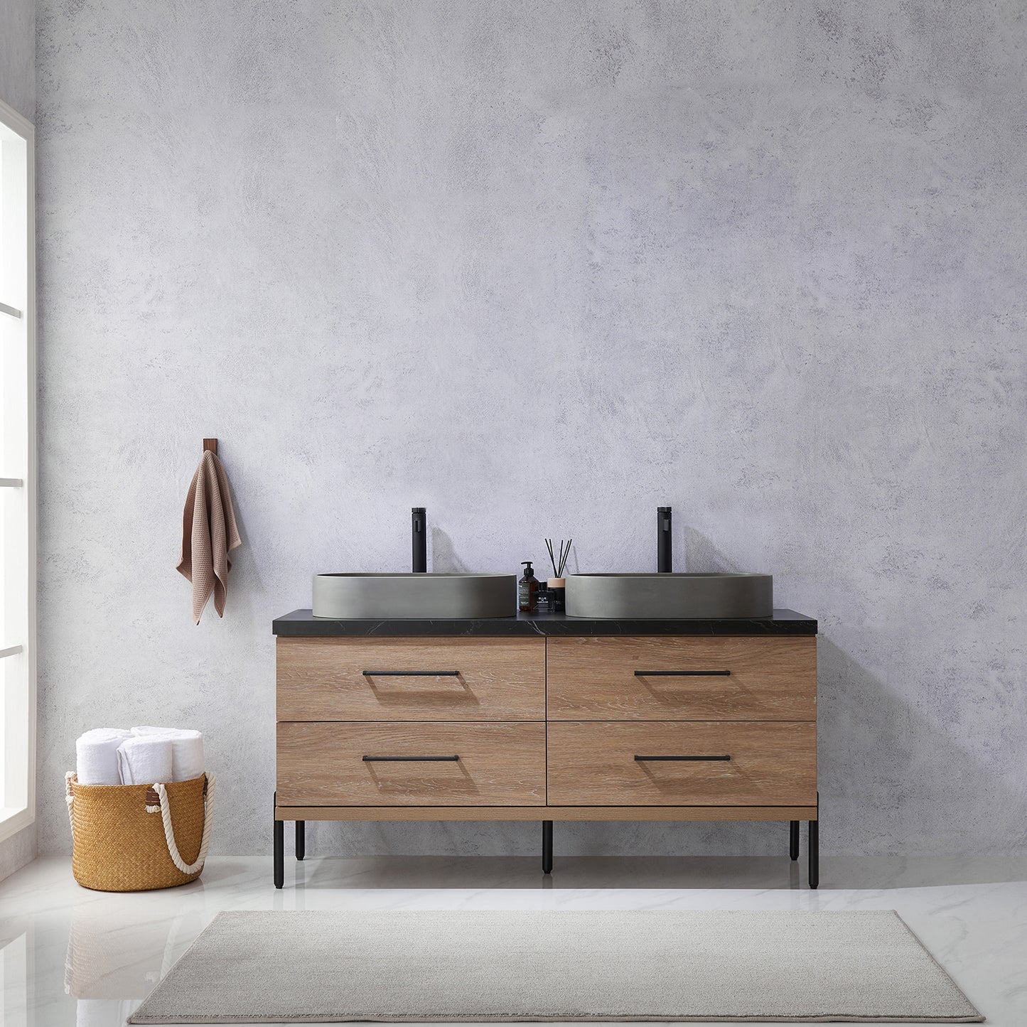 Trento 60" Double Vanity in North American Oak with Black Sintered Stone Top with Oval Concrete Sink