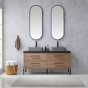 Open image in slideshow, Trento 60&quot; Double Vanity in North American Oak with Black Sintered Stone Top with Rectangular Concrete Sink
