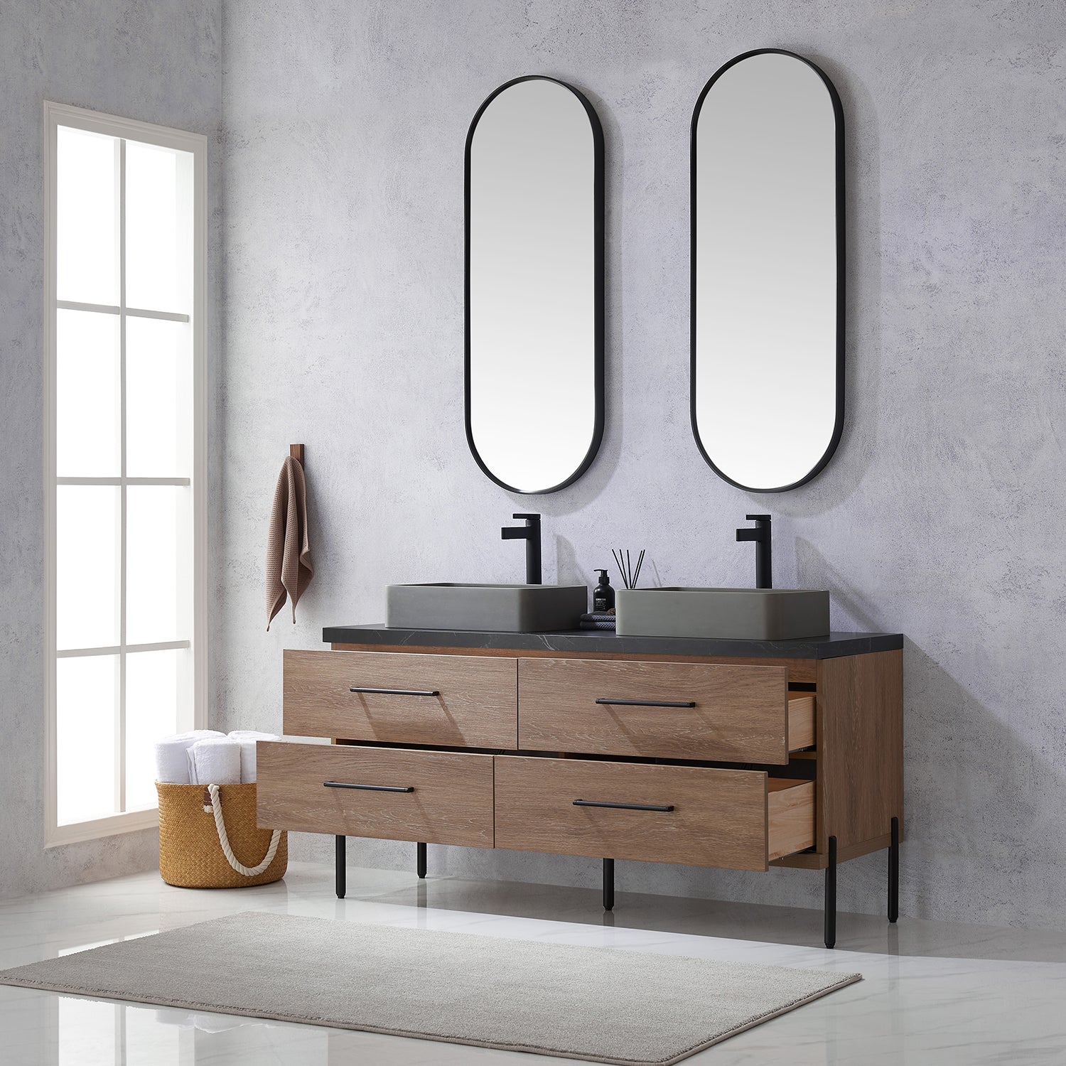 Trento 60" Double Vanity in North American Oak with Black Sintered Stone Top with Rectangular Concrete Sink