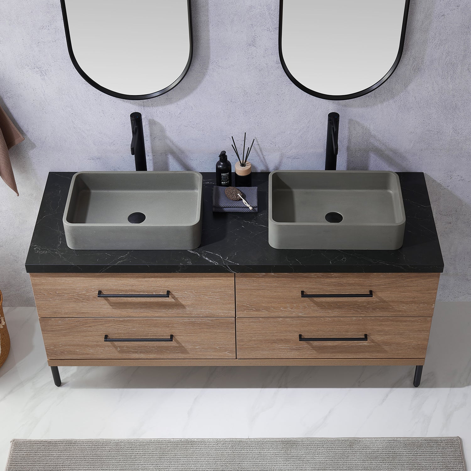 Trento 60" Double Vanity in North American Oak with Black Sintered Stone Top with Rectangular Concrete Sink