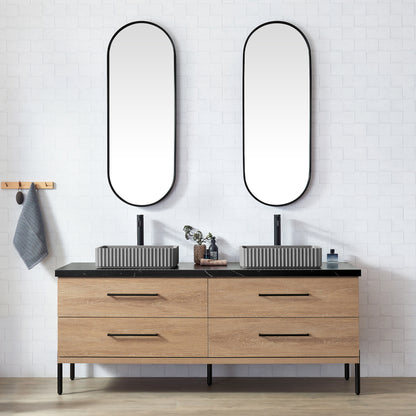Trento 72A" Double Sink Bath Vanity in North American Oak with Black Sintered Stone Top and Rectangular Concrete Sink