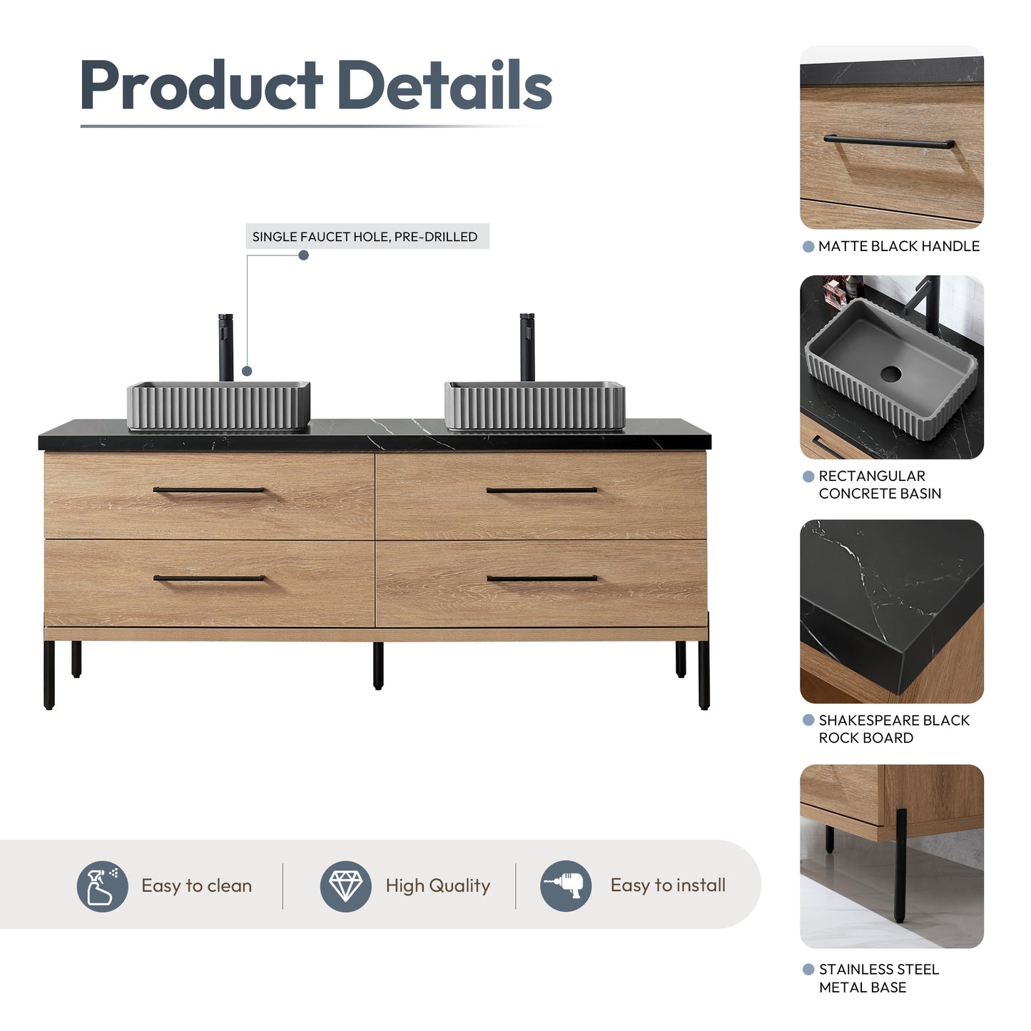 Trento 72A" Double Sink Bath Vanity in North American Oak with Black Sintered Stone Top and Rectangular Concrete Sink