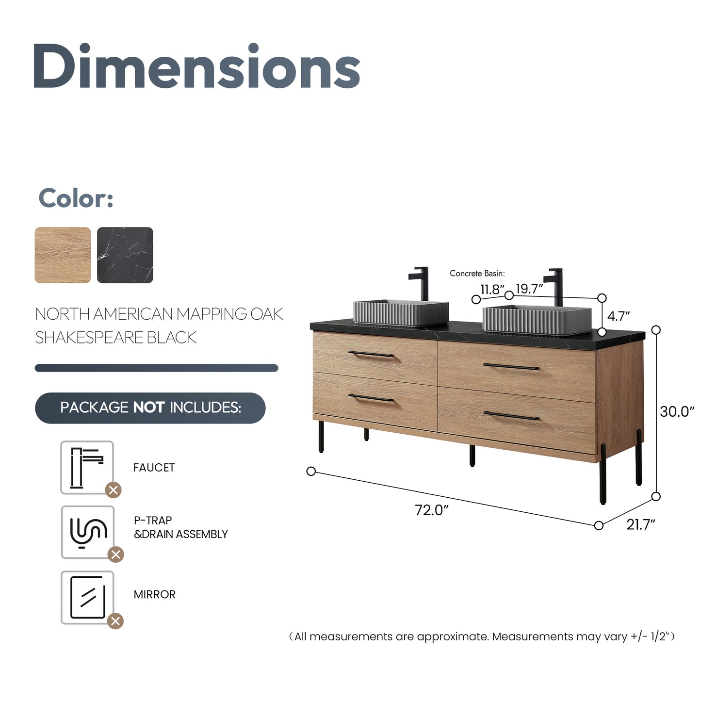 Trento 72A" Double Sink Bath Vanity in North American Oak with Black Sintered Stone Top and Rectangular Concrete Sink