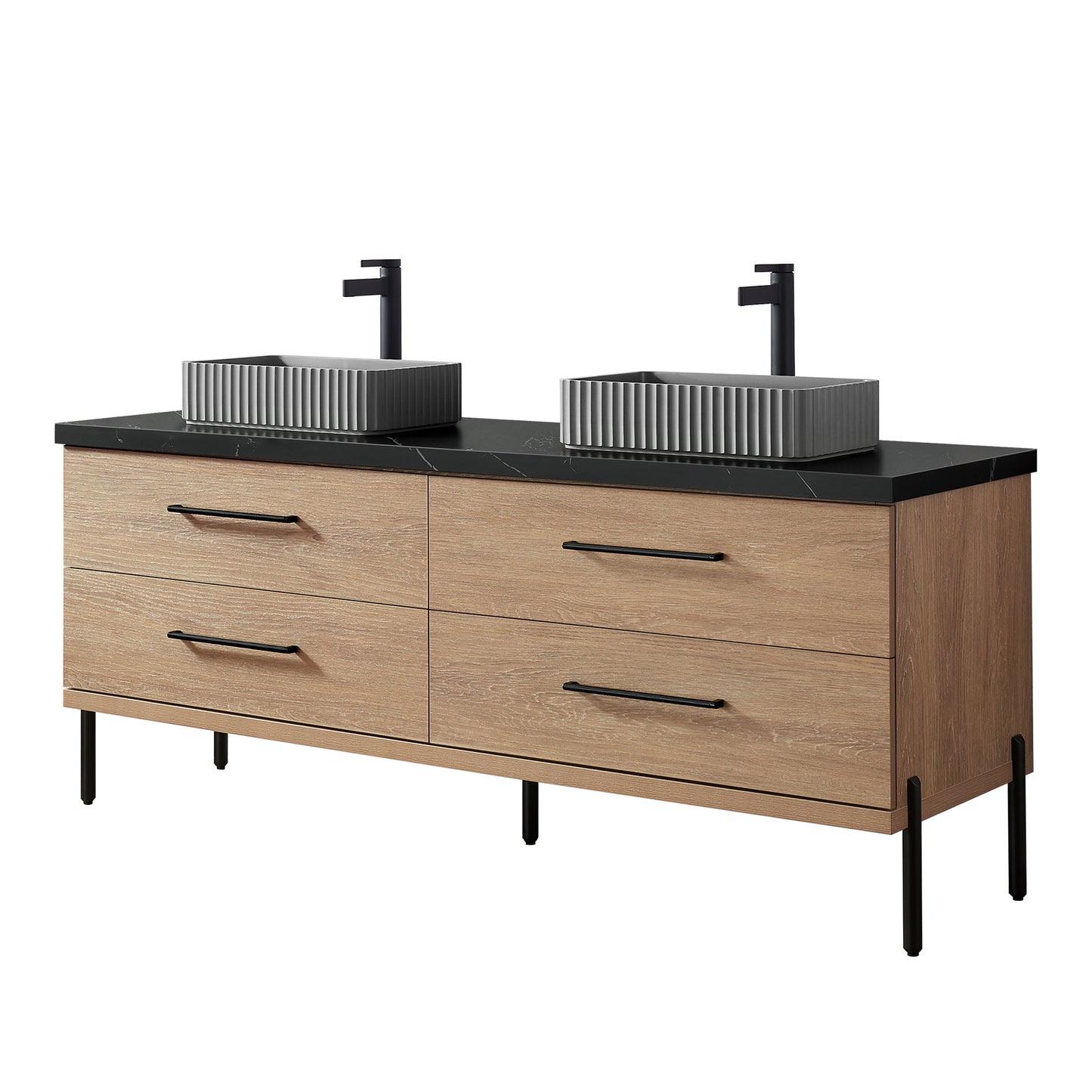 Trento 72A" Double Sink Bath Vanity in North American Oak with Black Sintered Stone Top and Rectangular Concrete Sink