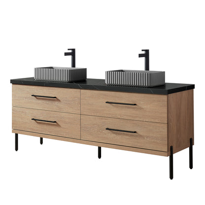 Trento 72A" Double Sink Bath Vanity in North American Oak with Black Sintered Stone Top and Rectangular Concrete Sink