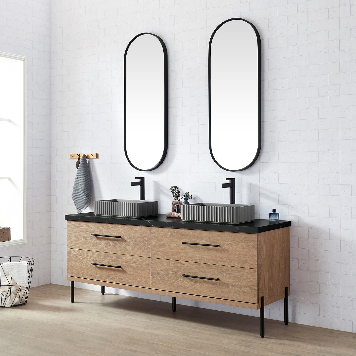Trento 72A" Double Sink Bath Vanity in North American Oak with Black Sintered Stone Top and Rectangular Concrete Sink