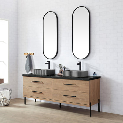 Trento 72A" Double Sink Bath Vanity in North American Oak with Black Sintered Stone Top and Rectangular Concrete Sink