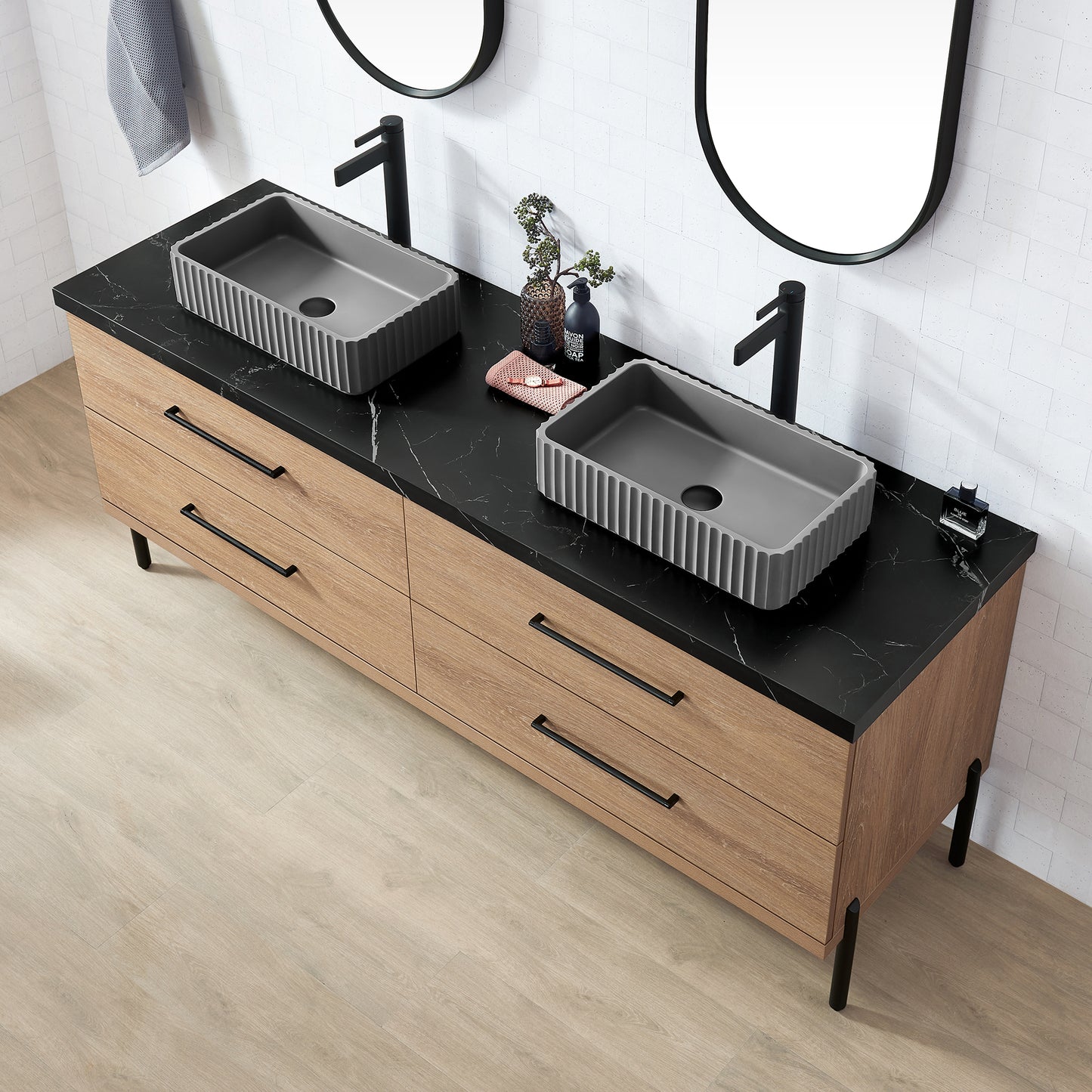 Trento 72A" Double Sink Bath Vanity in North American Oak with Black Sintered Stone Top and Rectangular Concrete Sink
