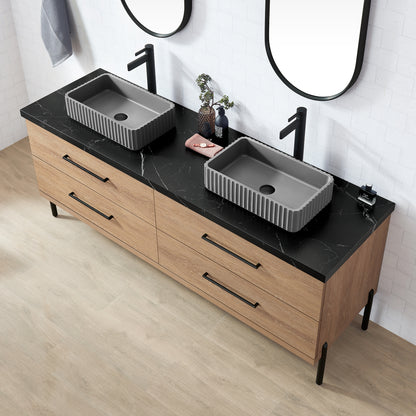 Trento 72A" Double Sink Bath Vanity in North American Oak with Black Sintered Stone Top and Rectangular Concrete Sink