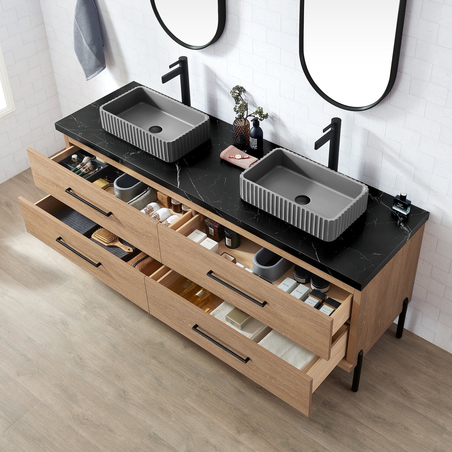 Trento 72A" Double Sink Bath Vanity in North American Oak with Black Sintered Stone Top and Rectangular Concrete Sink
