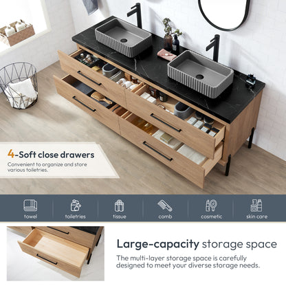 Trento 72A" Double Sink Bath Vanity in North American Oak with Black Sintered Stone Top and Rectangular Concrete Sink