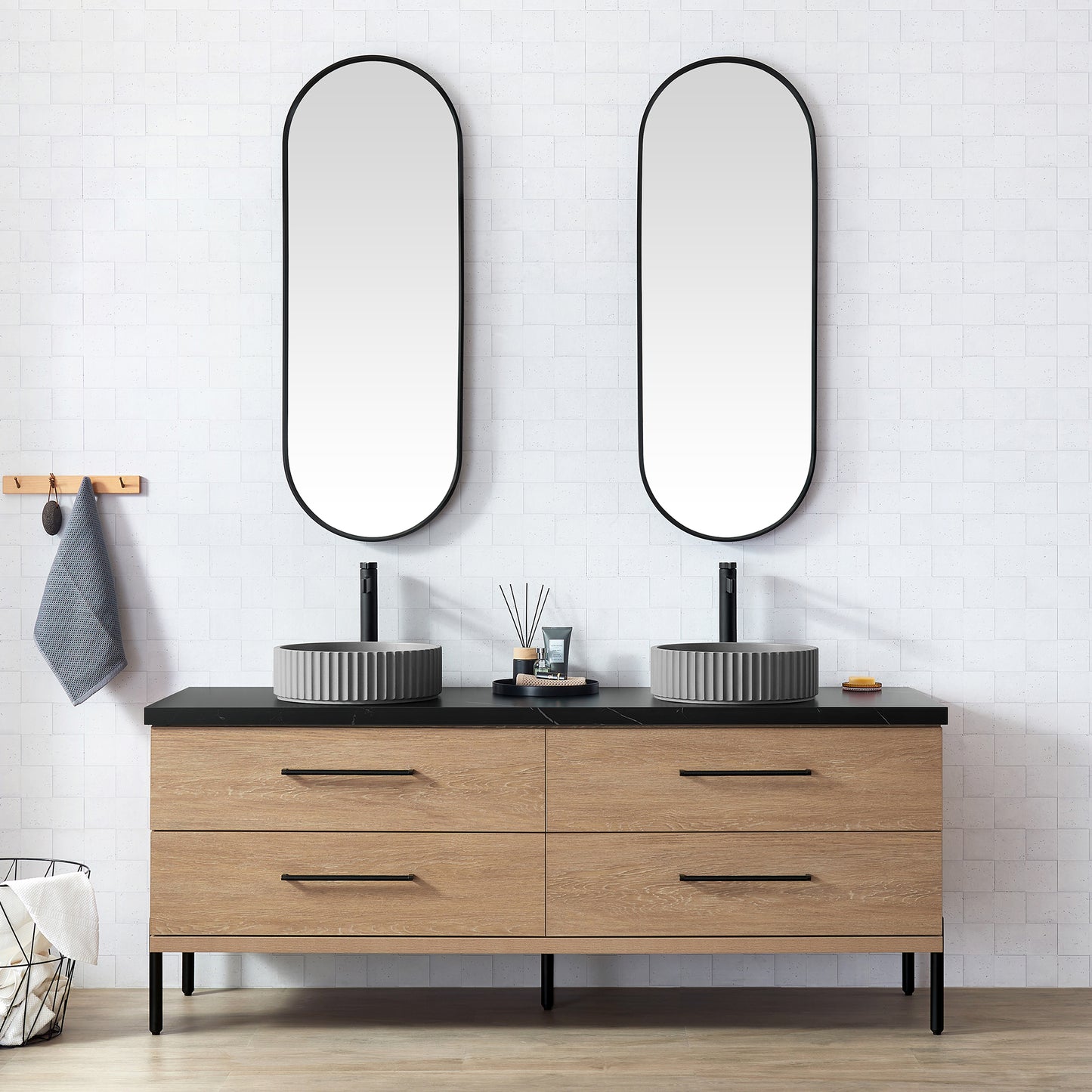 Trento 72B" Double Sink Bath Vanity in North American Oak with Black Sintered Stone Top and Circular Concrete Sink