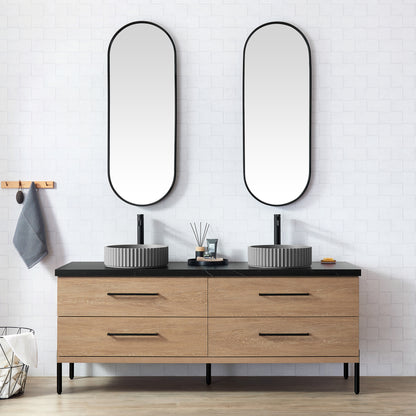 Trento 72B" Double Sink Bath Vanity in North American Oak with Black Sintered Stone Top and Circular Concrete Sink