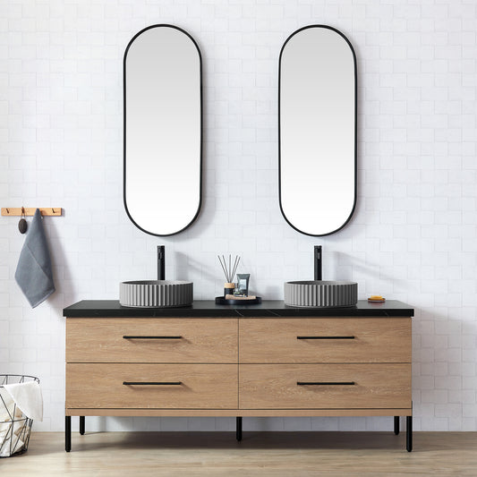 Trento 72B" Double Sink Bath Vanity in North American Oak with Black Sintered Stone Top and Circular Concrete Sink