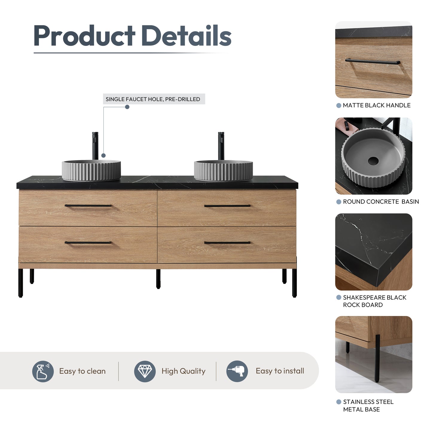 Trento 72B" Double Sink Bath Vanity in North American Oak with Black Sintered Stone Top and Circular Concrete Sink